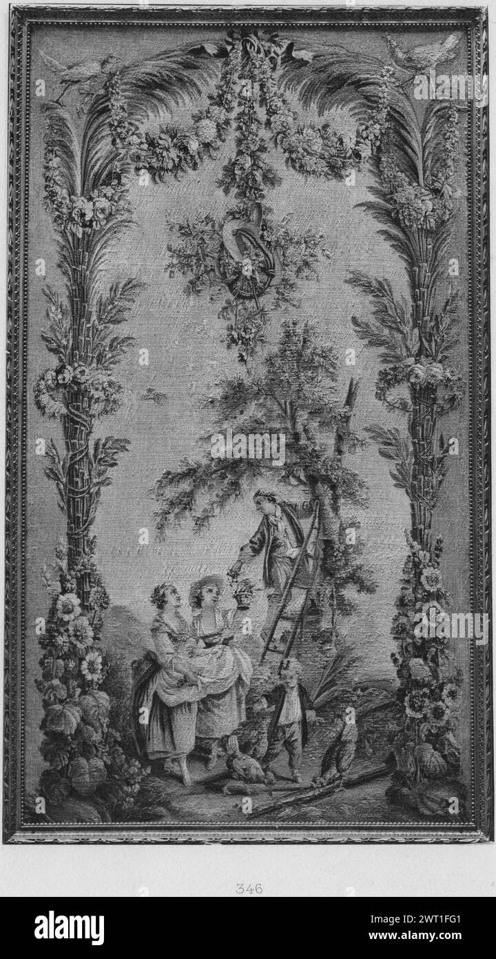 Cueilleurs de cerises. Huet, Jean-Baptiste (français, 1745-1811) (dessiné après) [peintre] c. 1785-1800 tapisserie dimensions : H 2,65 x l 1,50 m tapisserie matériaux/techniques : culture inconnue : Centre de tissage français : Aubusson histoire de propriété : Mr. M. Rikoff coll., 1907 [Campbell]. Seligmann acheté à la Galerie Georges petit, Paris, 12/7/1907 [Soustelle]. France, Paris, Paris, Galerie Georges petit, 7 décembre, 1907, lot 346. Les jeunes sur une échelle allongée contre un arbre mains cerises à 2 filles sur le sol ; enfant nourrissant des cerises aux poules en premier plan (BRD) scène encadrée par des palmiers formant arc et ornées b Banque D'Images