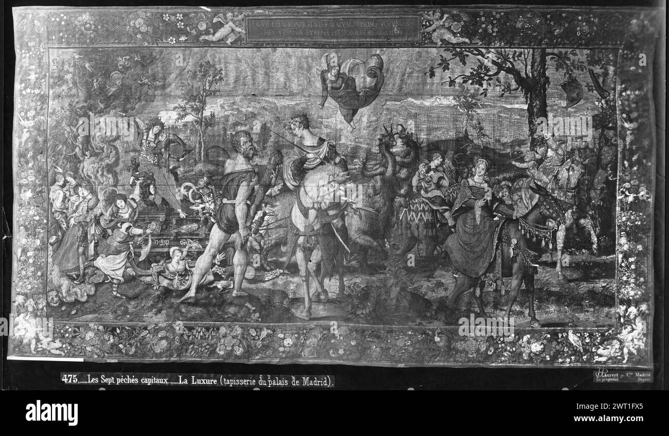 Luxure. Coecke van Aelst, Pieter (le jeune) (pays-Bas (avant 1600) - Flandre, bef.1527-CA.1559) (auteur du dessin) [peintre] Pannemaker, Wilhelm de (pays-Bas (avant 1600) - Flandre, acte. 1535-1578) (atelier) [tisserand] c. 1550 tapisserie dimensions : H 4,33 x l 8,17 m tapisserie matériaux/techniques : laine et soie (trame) ; fil métallique (or, trame) ; fil métallique (argent, trame) culture : Centre de tissage flamand : Bruxelles histoire de propriété : Marie de Hongrie coll. Philippe II coll., Madrid. Espagne, Madrid, Palacio Real de Madrid, accno. A. 360-12153. Inscriptions : inscription en borde supérieure Banque D'Images
