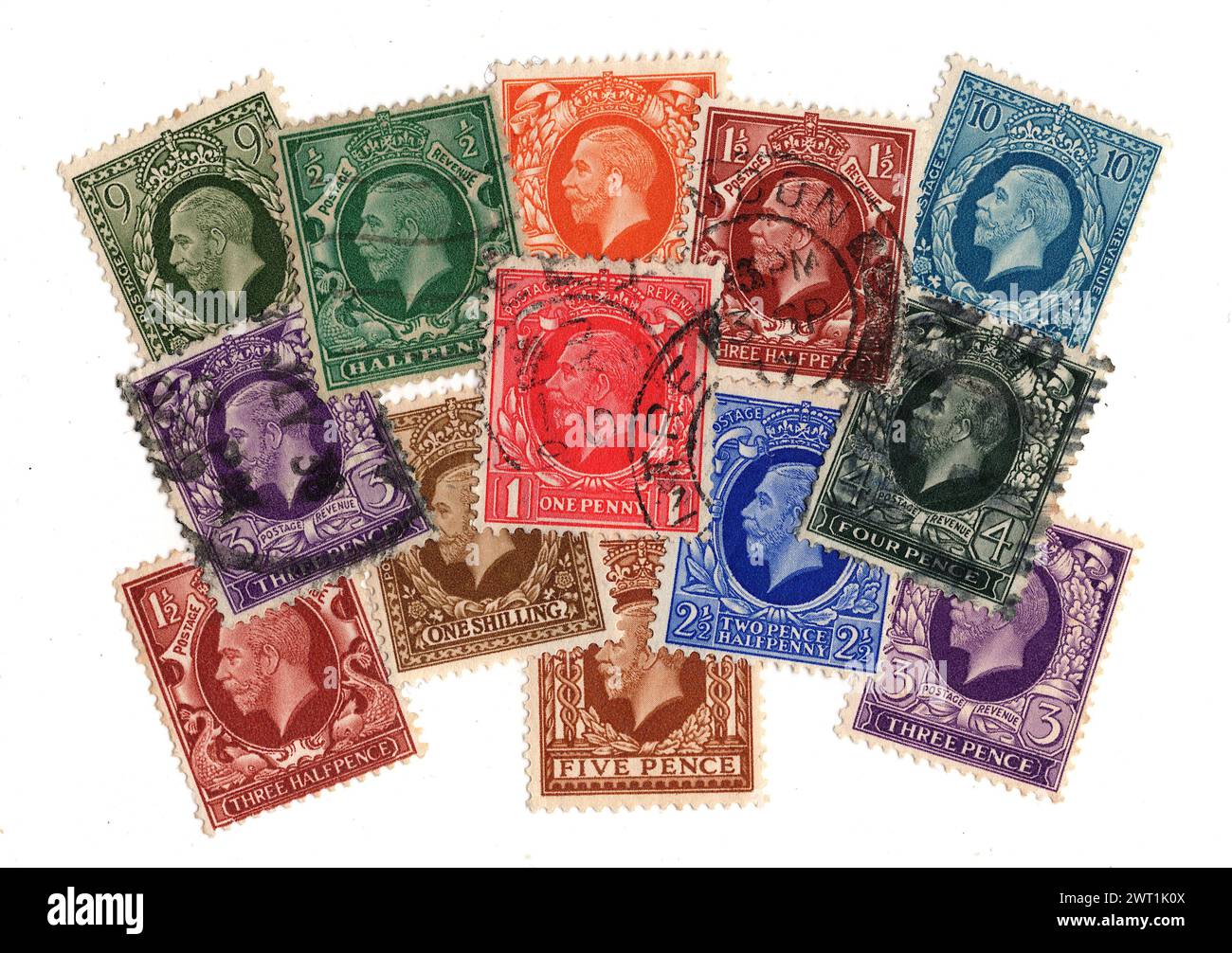 Timbres-poste vintage King George V de Grande-Bretagne isolés sur fond blanc. Banque D'Images