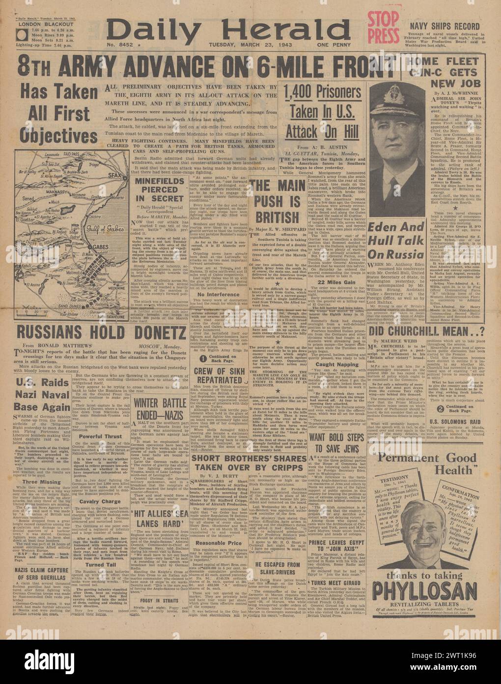 1943 Daily Herald en première page sur le commandement de la Home Fleet et de la bataille pour la Tunisie par l'amiral Fraser Banque D'Images