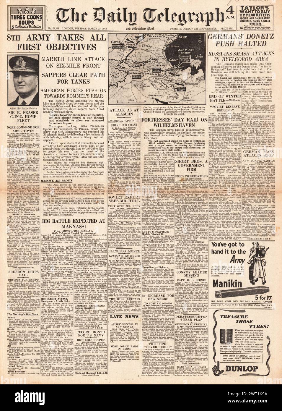 1943 la page de couverture du Daily Telegraph rapporte que l'amiral Fraser commandera la Home Fleet, Battle for Tunisia et l'US Air Force Bomb Wilhelmshaven Banque D'Images