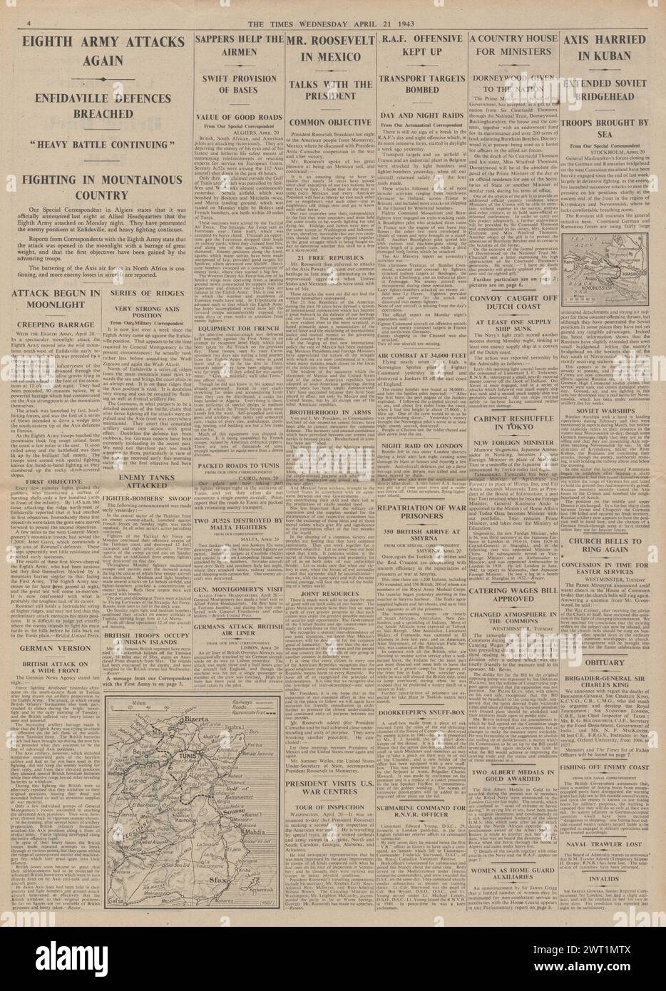 1943 le Times rapporte la bataille pour la Tunisie et la RAF bombardent l'Allemagne Banque D'Images