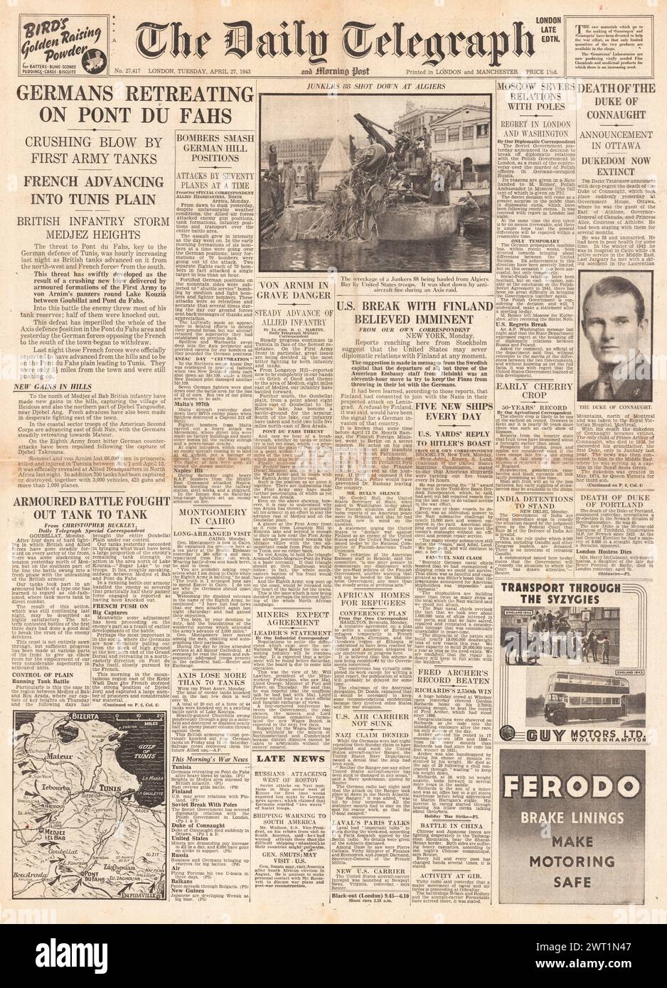 1943 le Daily Telegraph fait une reportage sur la bataille pour la Tunisie et le massacre de Katyn Banque D'Images