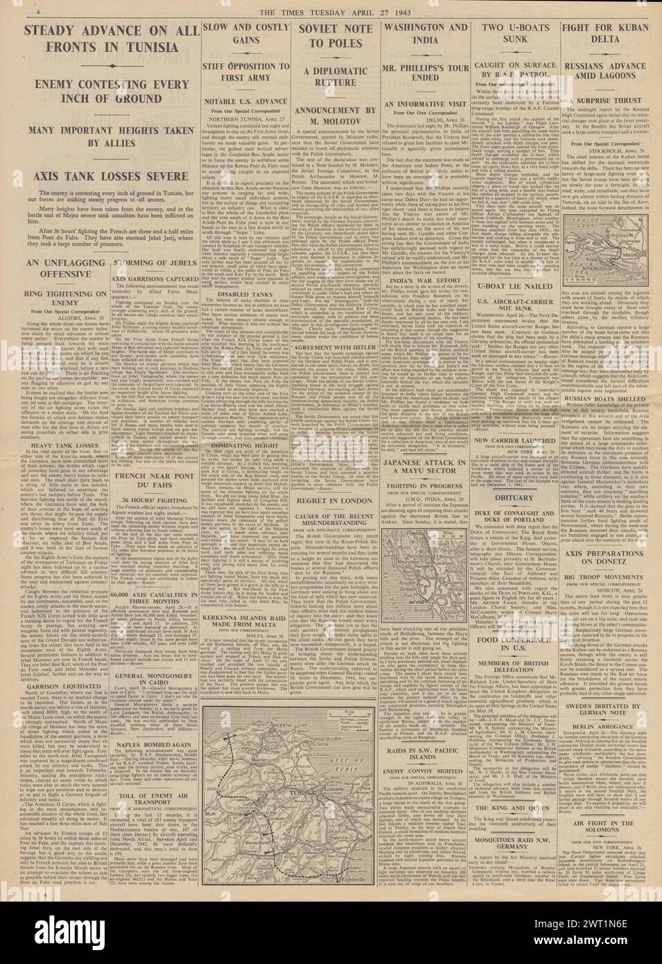 1943 le Times rapporte la bataille pour la Tunisie et le massacre de Katyn Banque D'Images