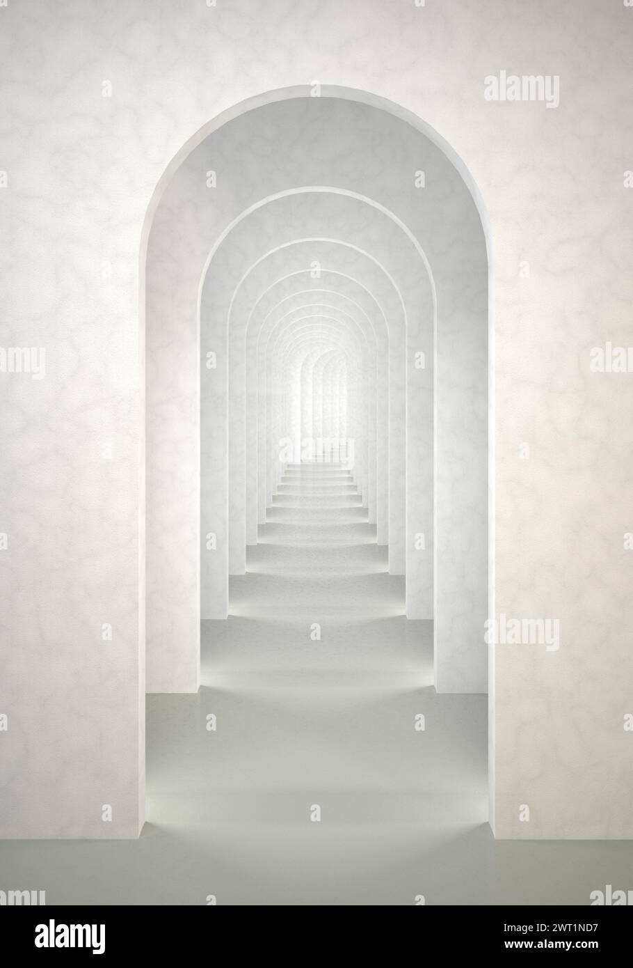Rendu 3D surréaliste abstrait. Arch Infinite couloir arrière-plan vertical blanc. Banque D'Images