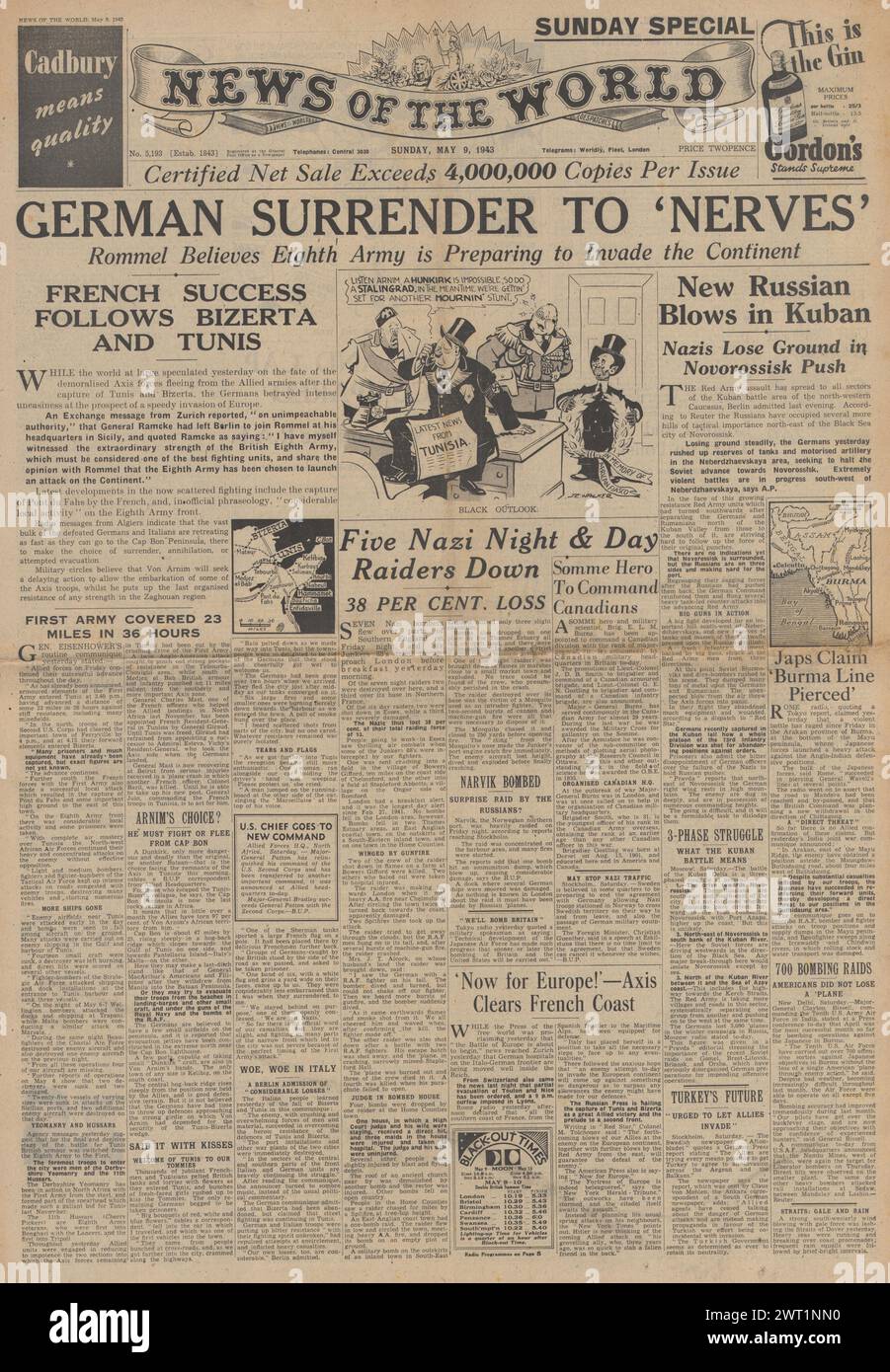 1943 nouvelles de la page d'accueil mondiale faisant état de la reddition des forces de l'axe en Afrique du Nord Banque D'Images