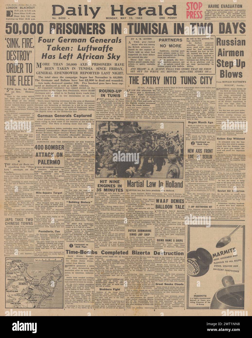 1943 Daily Herald en première page sur la reddition des forces de l'axe en Afrique du Nord et la bombe de l'US Air Force Palerme Banque D'Images