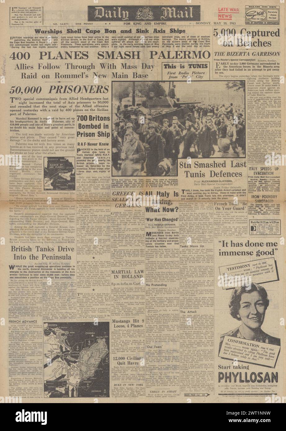 1943 Daily mail en première page signalant la capitulation des forces de l'axe en Afrique du Nord et la bombe de l'US Air Force à Palerme Banque D'Images