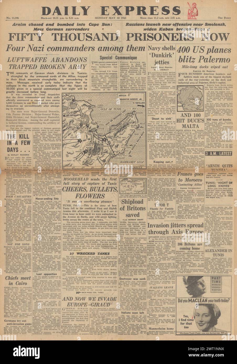 1943 Daily Express en première page signalant la reddition des forces de l'axe en Afrique du Nord et la bombe de l'US Air Force à Palerme Banque D'Images