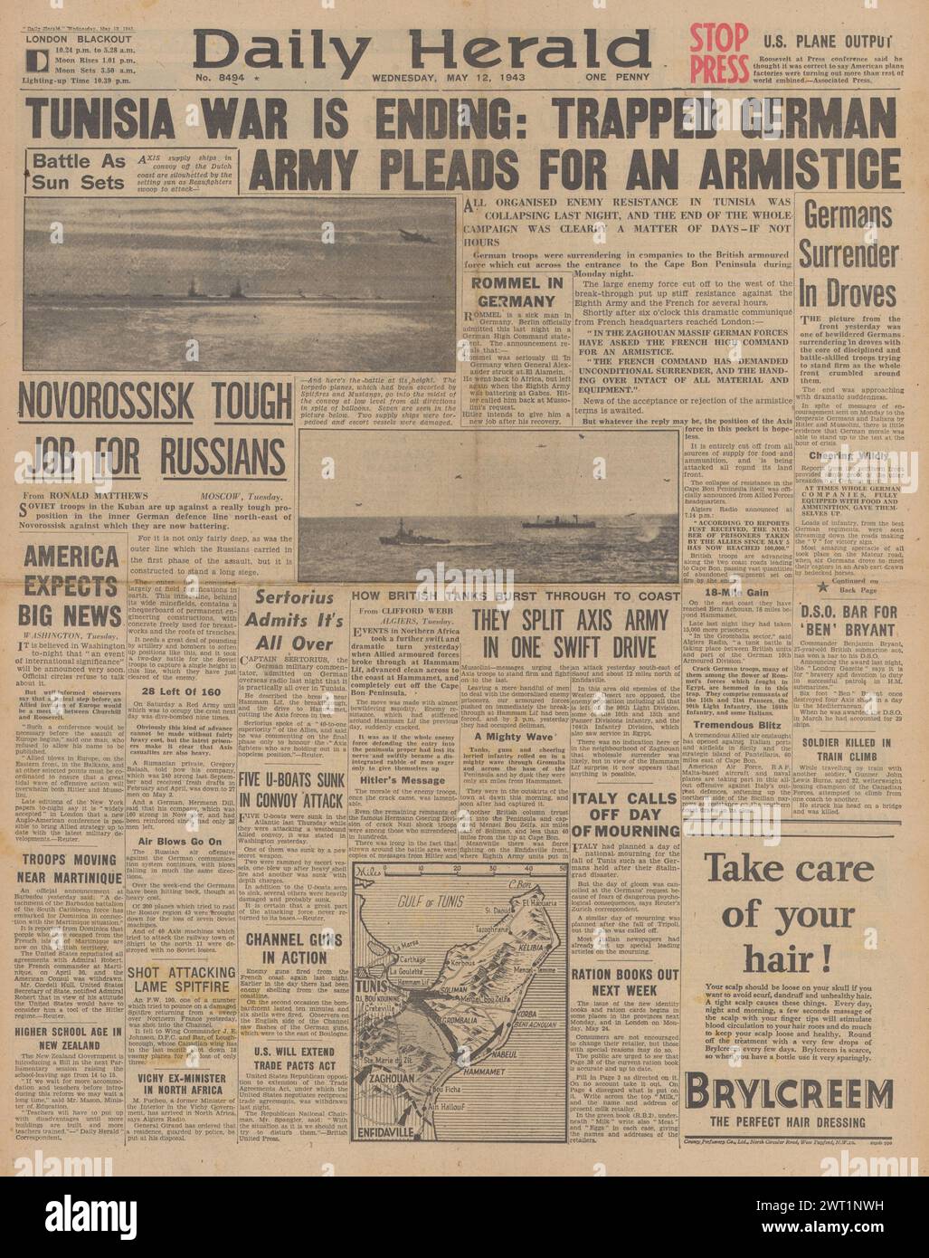 1943 Daily Herald page de couverture faisant état de la reddition des forces de l'axe en Afrique du Nord, bataille pour Kuban et Churchill aux États-Unis pour des pourparlers d'invasion avec Roosevelt Banque D'Images