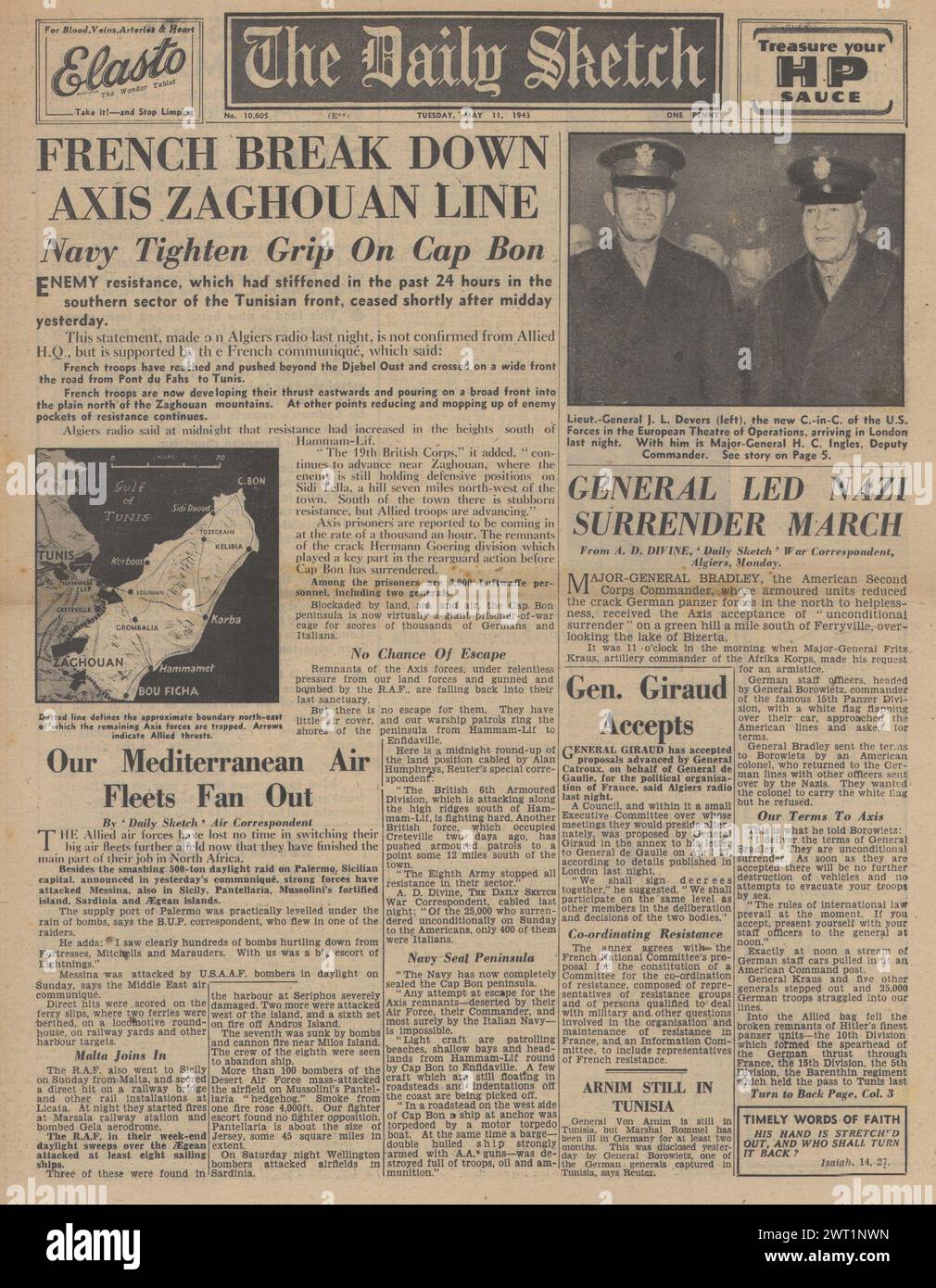 1943 la page d'accueil Daily Sketch rapporte la reddition des forces de l'axe en Afrique du Nord Banque D'Images