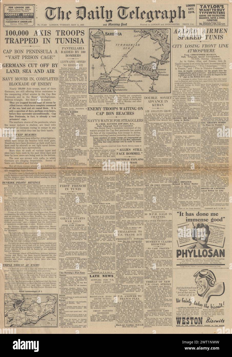 1943 le Daily Telegraph en première page rapporte la reddition des forces de l'axe en Afrique du Nord Banque D'Images