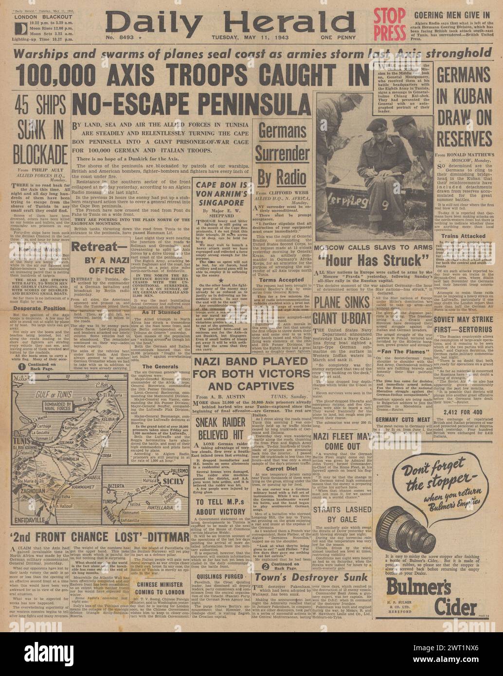 1943 Daily Herald en première page sur la reddition des forces de l'axe en Afrique du Nord et la bataille pour Kuban Banque D'Images