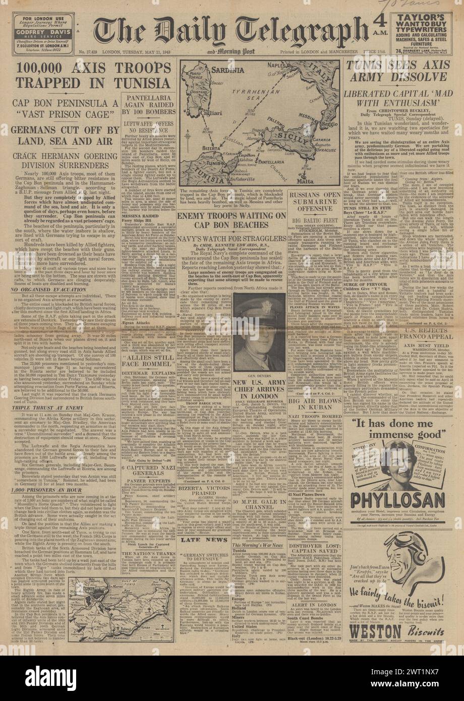 1943 le Daily Telegraph en première page rapporte la reddition des forces de l'axe en Afrique du Nord Banque D'Images