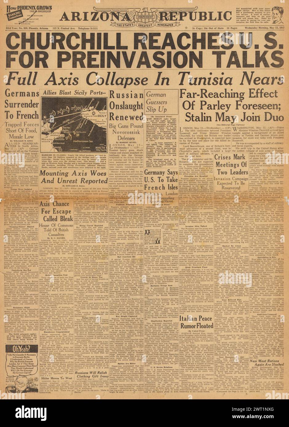 1943 la première page de la République d'Arizona rapporte la reddition des forces de l'axe en Afrique du Nord, la bataille pour Kuban et Churchill aux États-Unis pour des pourparlers d'invasion avec Roosevelt Banque D'Images