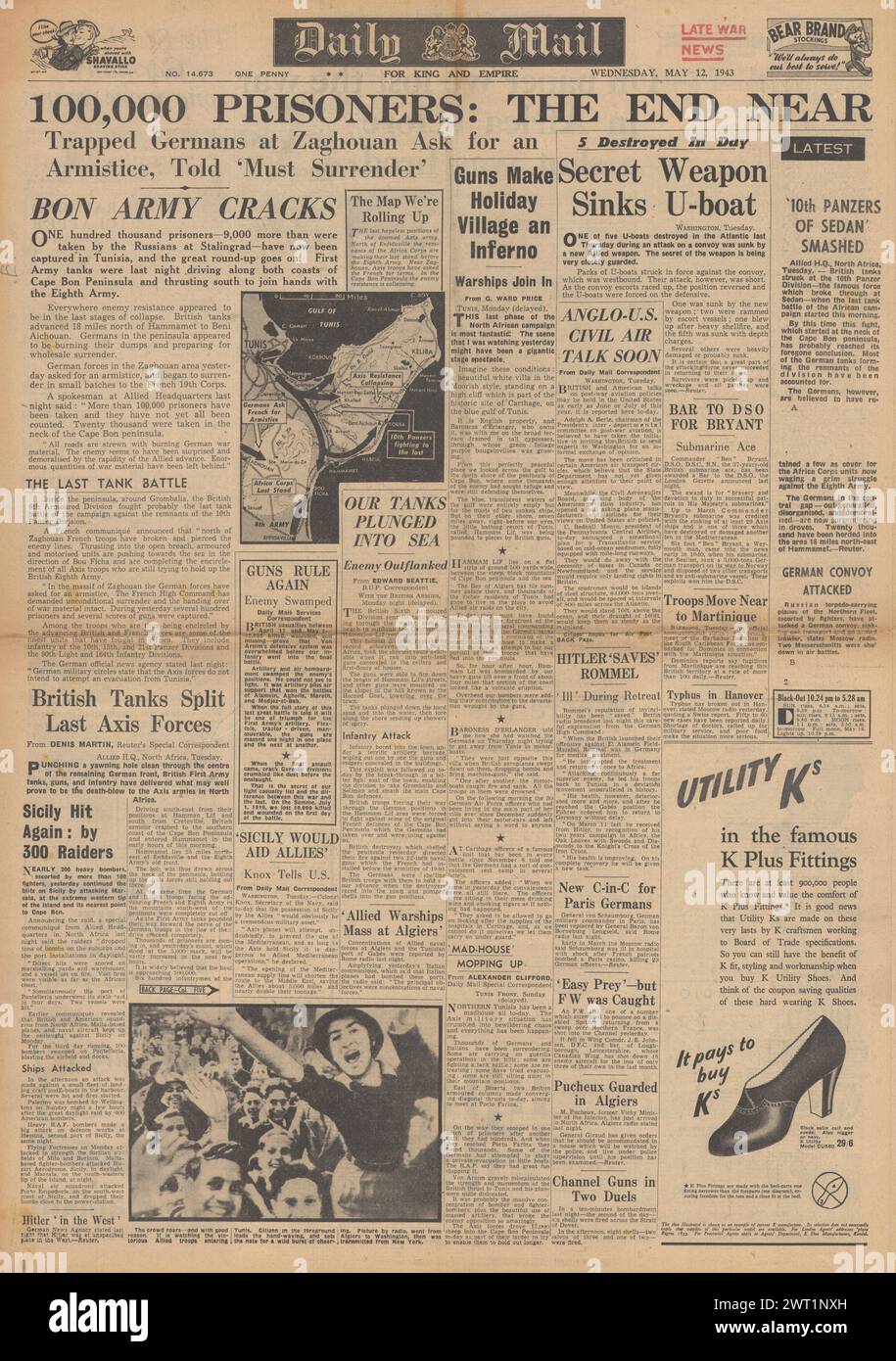 1943 Daily mail en première page signalant la reddition des forces de l'axe en Afrique du Nord et la bataille pour Kuban Banque D'Images