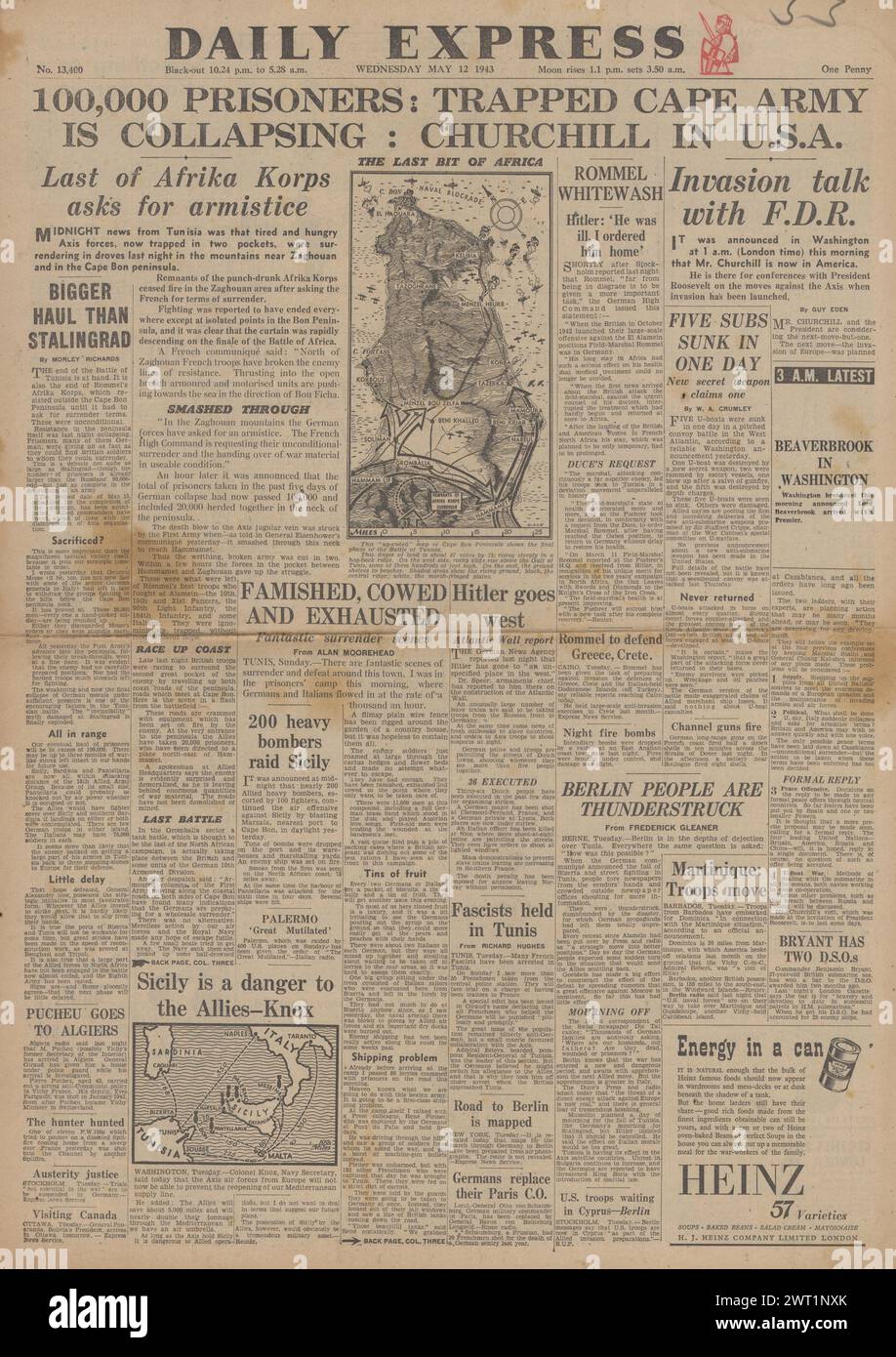 1943 Daily Express page de couverture faisant état de la reddition des forces de l'axe en Afrique du Nord, bataille pour Kuban et Churchill aux États-Unis pour des pourparlers d'invasion avec Roosevelt Banque D'Images