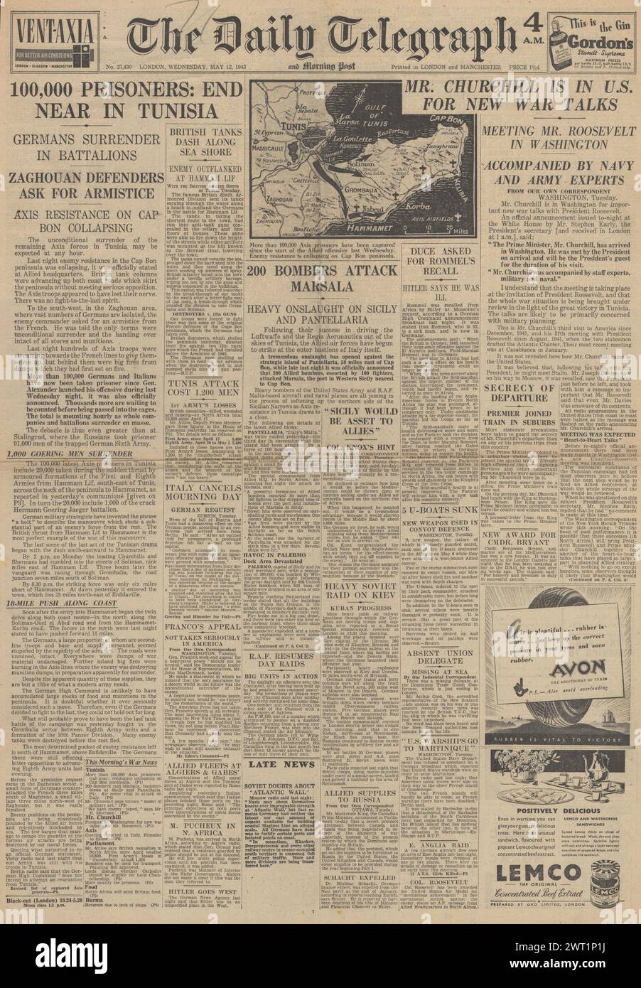 1943 le Daily Telegraph rapporte la reddition des forces de l'axe en Afrique du Nord, le bombardement de Marsala et Churchill aux États-Unis pour des pourparlers d'invasion avec Roosevelt Banque D'Images