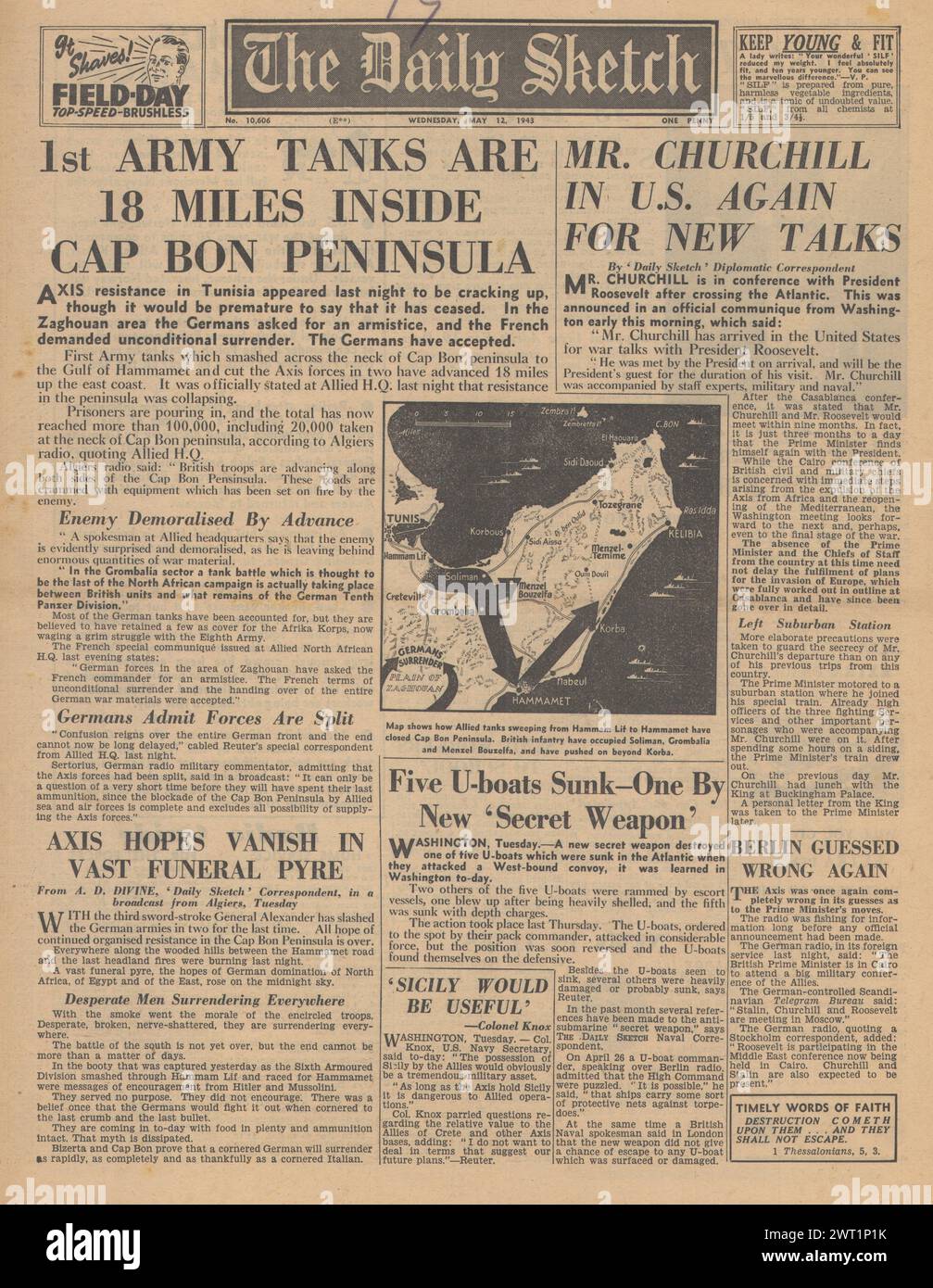 1943 le Daily Sketch page de couverture rapporte la reddition des forces de l'axe en Afrique du Nord et à Churchill aux États-Unis pour des pourparlers d'invasion avec Roosevelt Banque D'Images