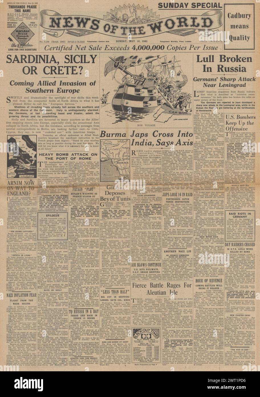 1943 nouvelles de la page d'accueil du monde faisant état du plan d'invasion des Alliés de l'Italie et de la traversée de l'armée japonaise en Inde Banque D'Images