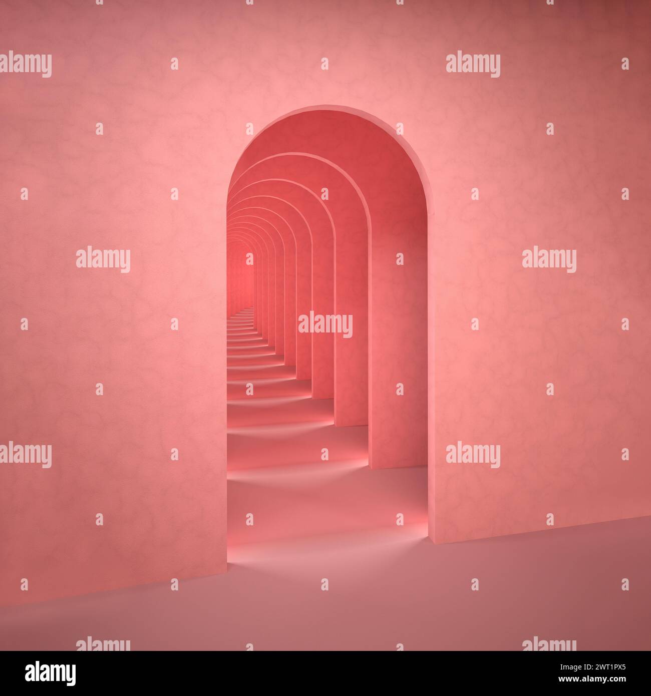 Rendu 3D surréaliste rose abstrait. Arch Infinite couloir fond rose pastel Banque D'Images