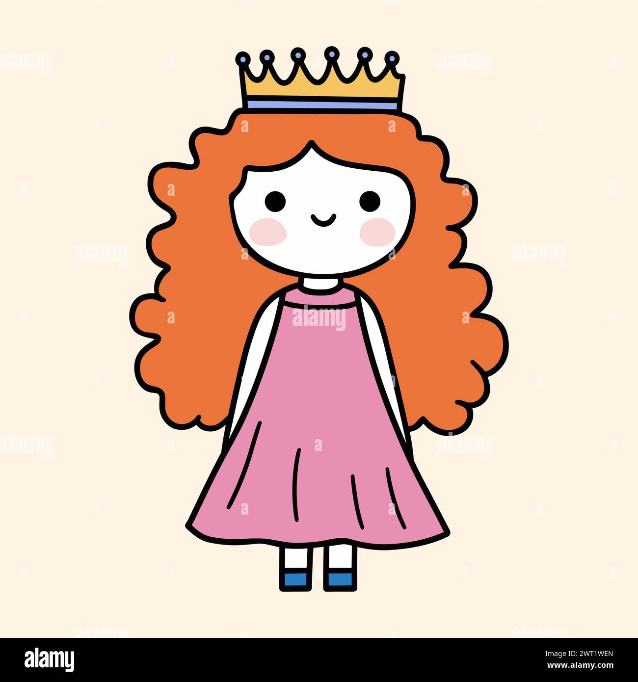Jolie princesse de dessin animé avec de longs cheveux de gingembre. Illustration vectorielle simple de jolie fille aux cheveux orange, portant une robe rose et une couronne d'or. Illustration de Vecteur