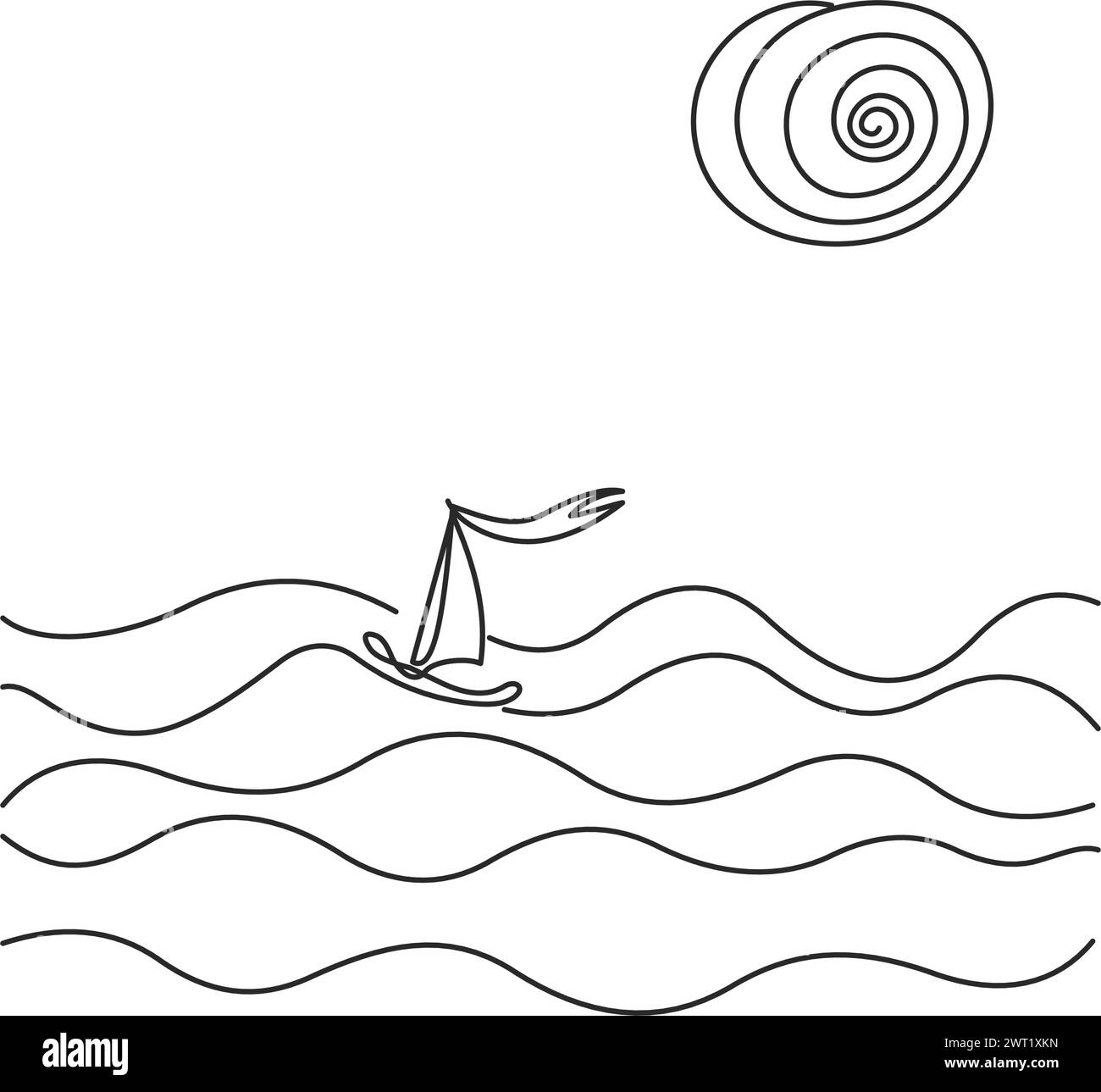 Dessin manuel continu sur une ligne. Paysage marin téléchargeable Bateau dans la vague. Soleil dans le ciel nuageux. Fond transparent de contour noir réglable. Simple Illustration de Vecteur