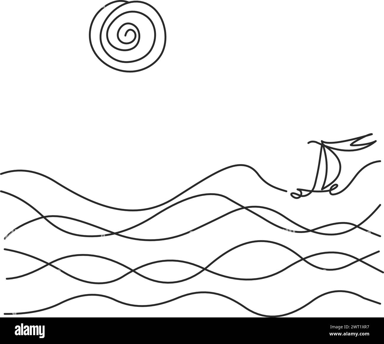 Dessin manuel continu sur une ligne. Paysage marin téléchargeable Bateau dans la vague. Soleil dans le ciel nuageux. Fond transparent de contour noir réglable. Simple Illustration de Vecteur