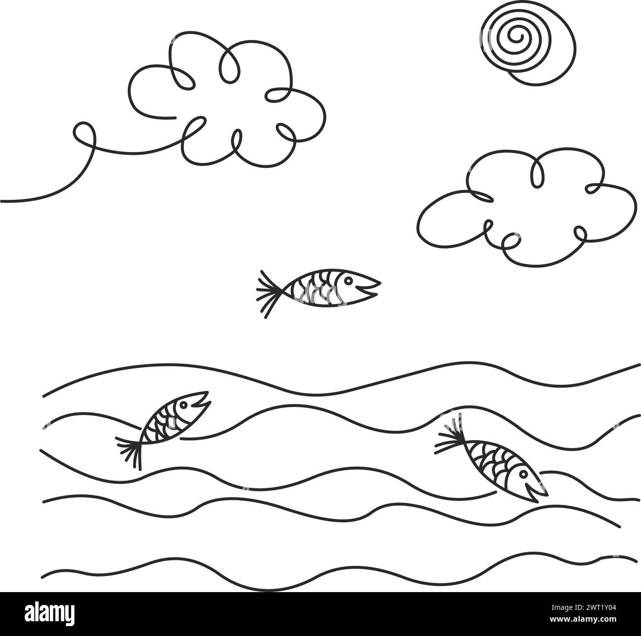 Dessin manuel continu sur une ligne. Paysage marin téléchargeable Bateau dans la vague. Soleil dans le ciel nuageux. Fond transparent de contour noir réglable. Simple Illustration de Vecteur