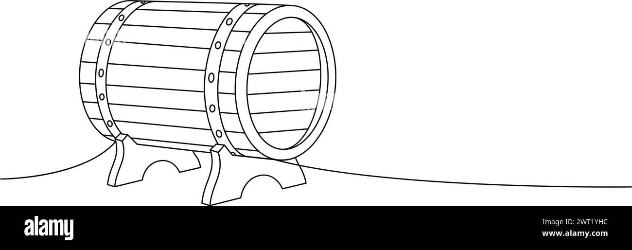 Tonneau en bois, vieux fût une ligne dessin continu. Illustration continue d'une ligne de produits de pub de bière. Illustration linéaire vectorielle. Illustration de Vecteur