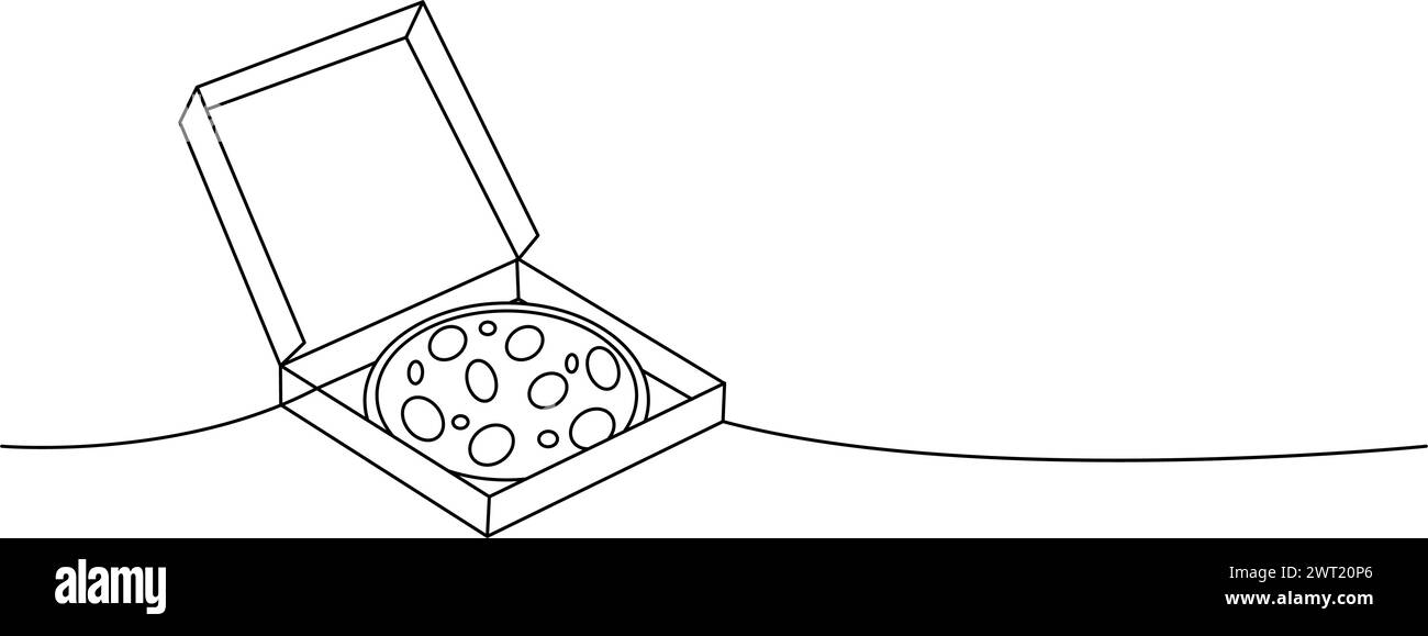 Pizza avec des ingrédients dans une boîte dessin continu d'une ligne. Illustration continue d'une ligne de restauration rapide italienne traditionnelle. Illustration de Vecteur
