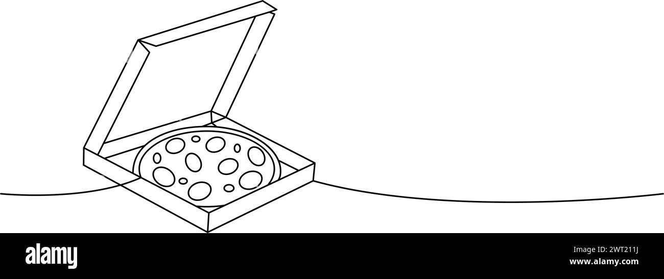 Pizza avec des ingrédients dans une boîte dessin continu d'une ligne. Illustration continue d'une ligne de restauration rapide italienne traditionnelle. Illustration de Vecteur