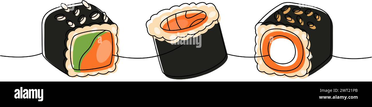 Collection d'aliments à sushi. Cuisine japonaise, cuisine traditionnelle dessin d'une ligne. Rouleau de thon Tekkamaki, futomaki illustration continue d'une ligne. Illustration de Vecteur