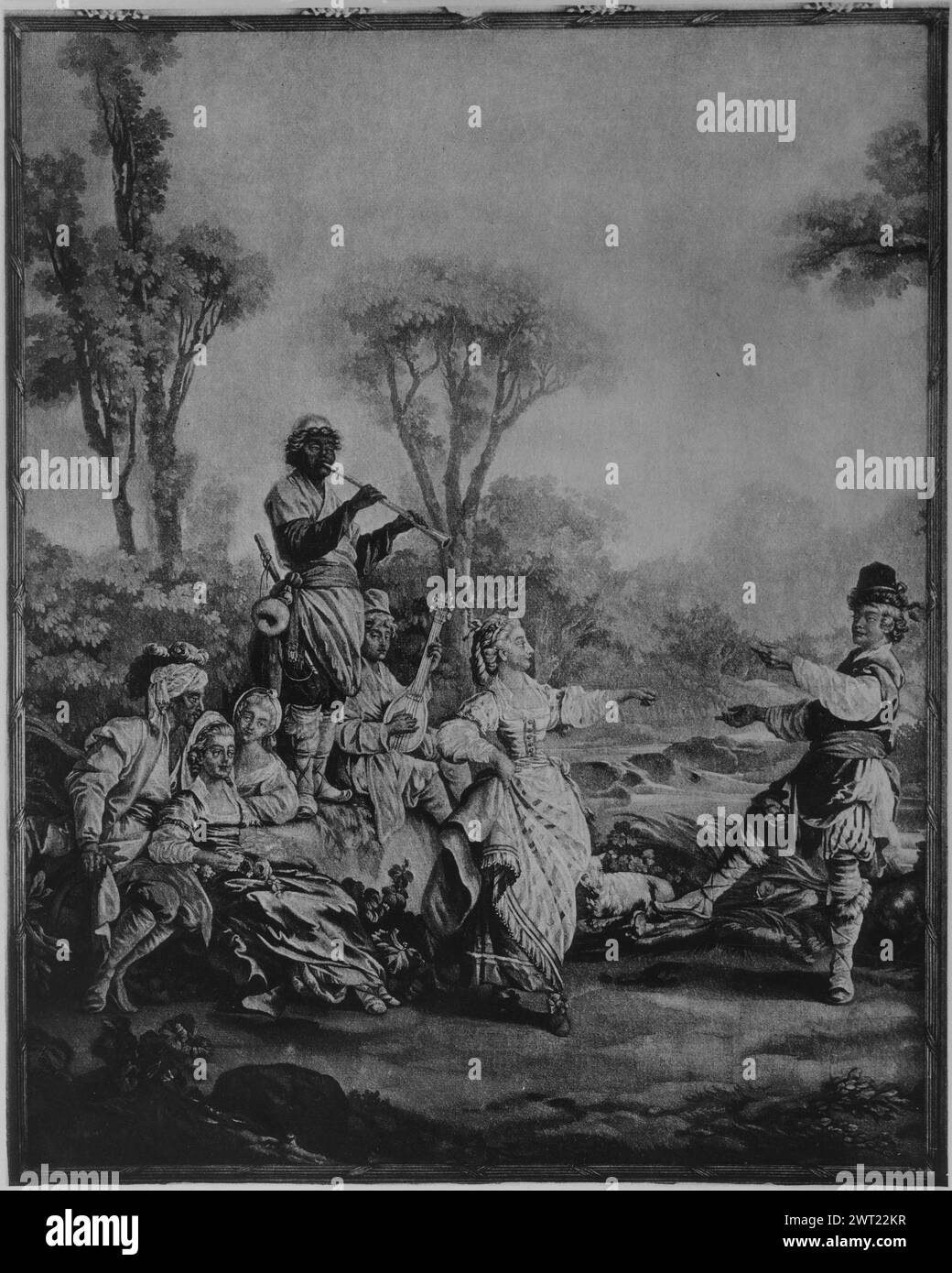 Danse. Leprince, Jean Baptiste (français, 1734-1781) (auteur du dessin) [peintre] Charron, André-Charlemagne (français, fl.1754-1780) (atelier) [tisserand] c. 1770-1780 tapisserie dimensions : H 2,78 x l 2,20 m tapisserie matériaux/techniques : inconnue culture : Centre de tissage français : Beauvais histoire de propriété : Edward Tuck coll., Paris. France, Paris, Paris, Musée du petit Palais. Dans le paysage, homme et femme dansent sur R ; sur l sont 2 musiciens sur hillock, un debout et jouant de l'instrument à vent, l'autre assis et jouant de l'instrument à cordes ; à l d'entre eux est une femme assise derrière hillock regardant vers A. Banque D'Images