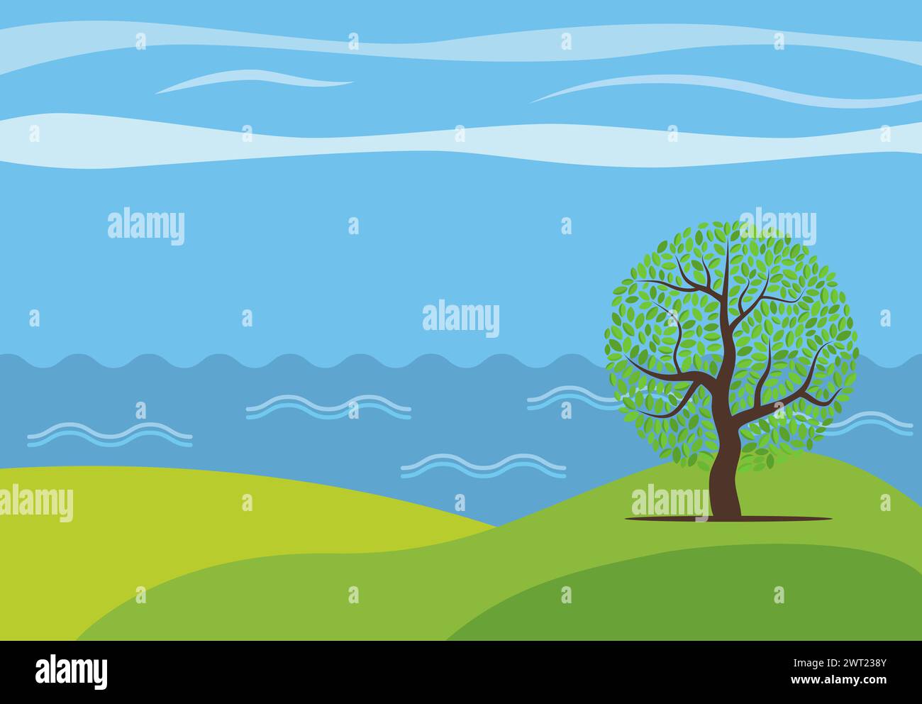 Paysage de bande dessinée panoramique vectoriel avec l'arbre solitaire contre le voir. Illustration de Vecteur