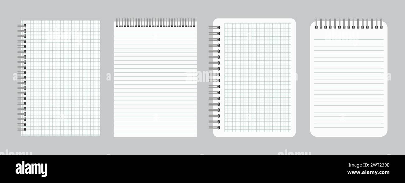 Blocs-notes avec papier à carreaux et lignes vides avec spirale en fer à relier. Ensemble de quatre feuilles de cahiers. Illustration vectorielle Illustration de Vecteur Blocs-notes avec papier à carreaux et lignes vides avec spirale en fer à relier. Ensemble de quatre feuilles de cahiers. Illustration vectorielle Illustration de Vecteur