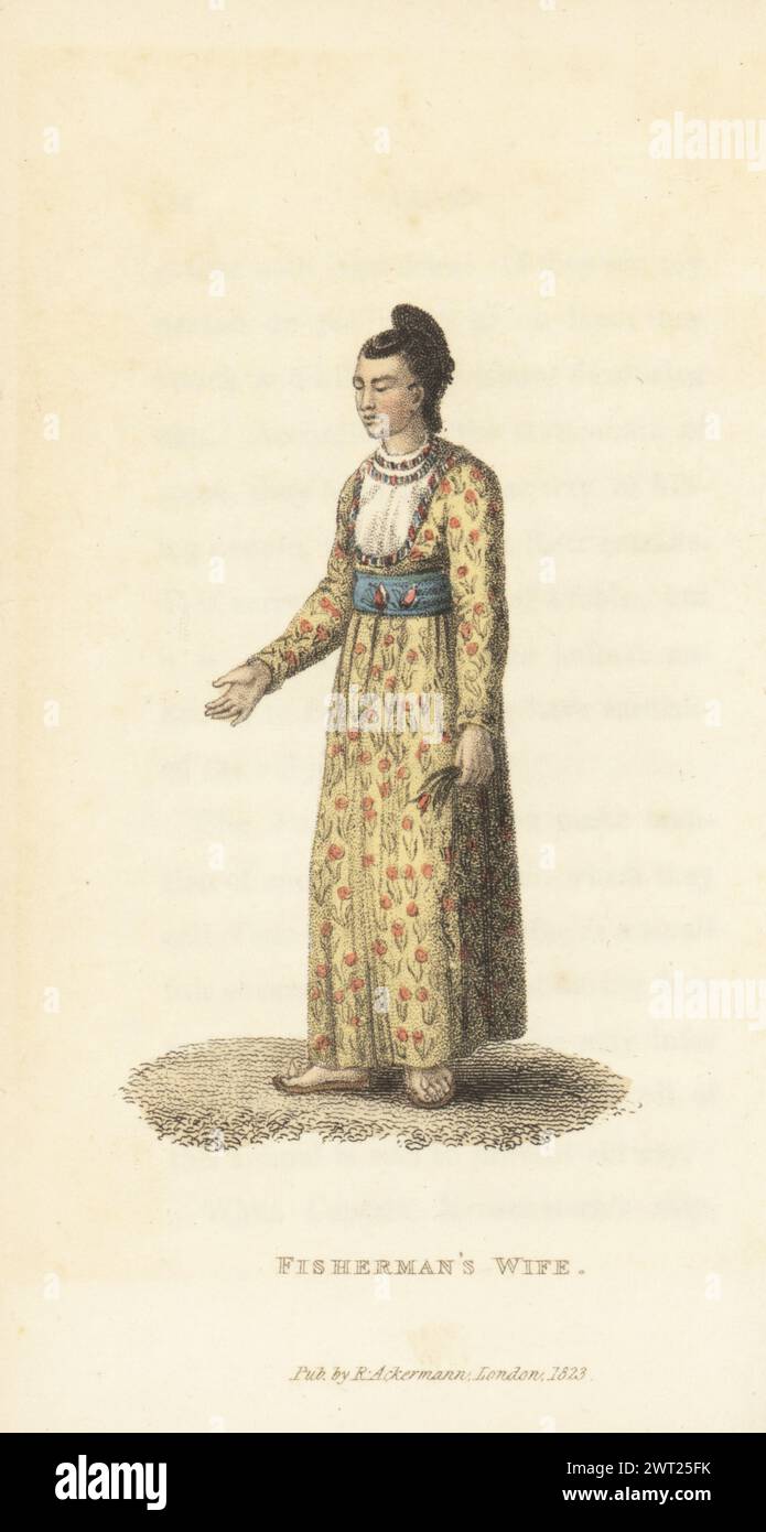 Femme de pêcheur japonais de Nagasaki, XIXe siècle. Elle porte ses cheveux, un kimono à motif floral et un obi. D'après une illustration de Georg Heinrich von Langsdorff dans Reise um die Welt d'Adam Johann von Krusenstern, 1812. Gravure sur cuivre colorée à la main tirée du livre The World in miniature de Frederic Shoberl, Japon, Rudolph Ackermann, Londres, 1823. Banque D'Images