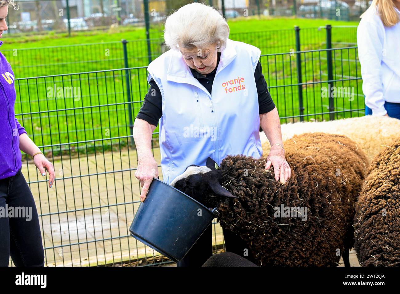 La princesse Beatrix des pays-Bas a participé au NLdoet de la Fondation Oranje en faisant du bénévolat avec les soins des animaux et en pré-semant pour les jardins scolaires et en nettoyant les boiseries dans une ferme urbaine à Utrecht, pays-Bas, 15 mars 2024 point de vue OUT Banque D'Images