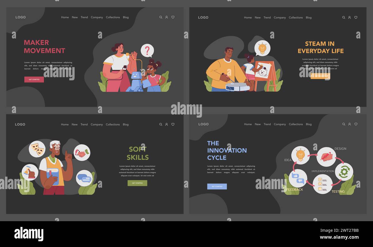 Bannière Web ou page de destination STEAM Education mode sombre ou nuit. Les élèves acquièrent des connaissances sur les technologies, les sciences et les mathématiques. Les enfants apprennent la programmation et l'ingénierie. Illustration vectorielle Illustration de Vecteur