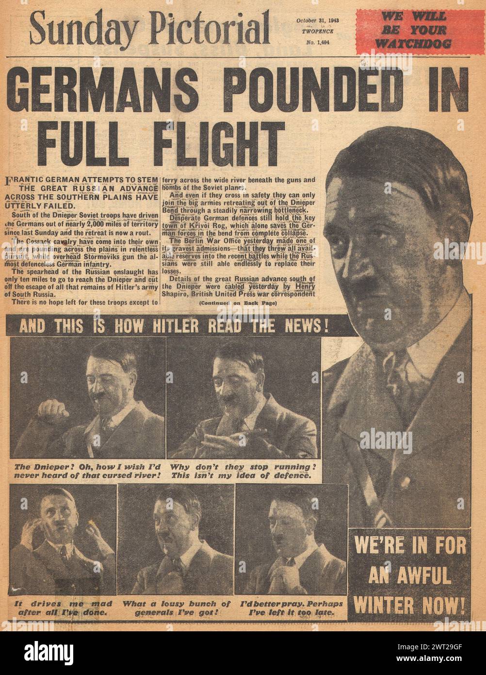 1943 dimanche une page d'accueil en images faisant état de la retraite de l'armée allemande en Russie Banque D'Images