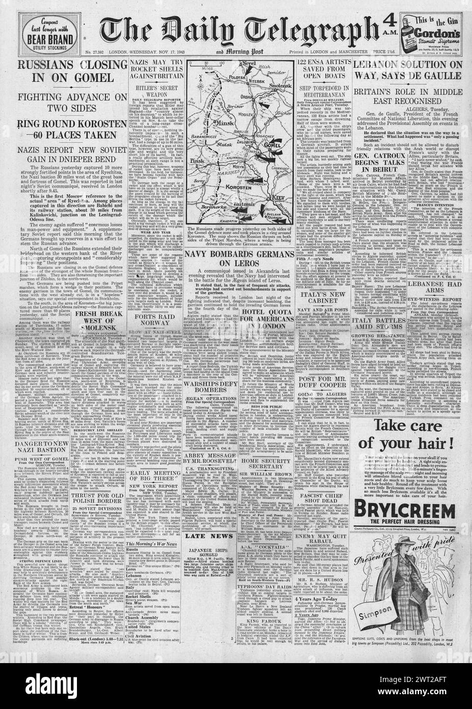 1943 la page de couverture du Daily Telegraph rapporte l'Armée rouge près de Gomel, les troubles au Liban et la bataille pour Leros Banque D'Images