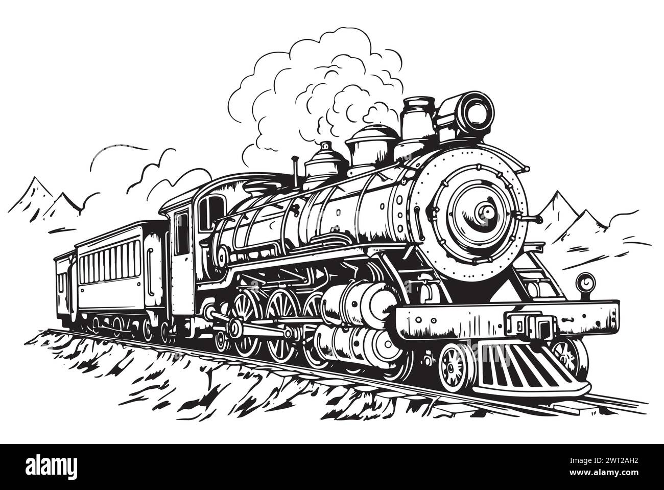 Locomotive à vapeur vintage, dessin à la main dans l'illustration de style Doodle Illustration de Vecteur