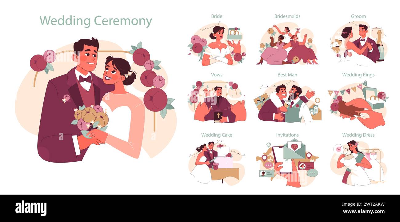 Ensemble de cérémonie de mariage. Blissful couple lie le nœud, entouré de traditions de mariage. Voeux échangés, toasts pétillants, invitations délicates. Illustration vectorielle plate. Illustration de Vecteur
