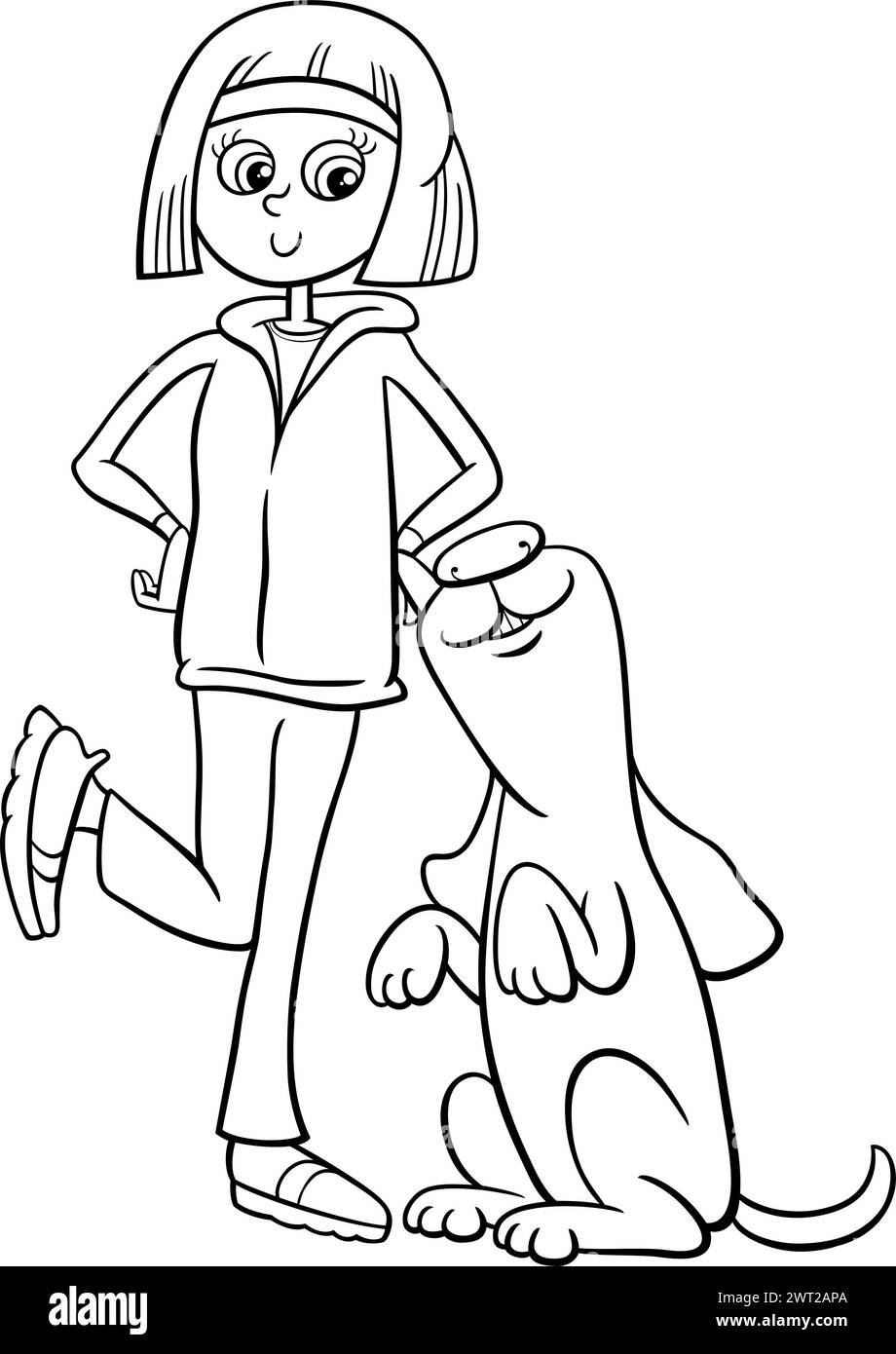 Illustration de dessin animé de fille adolescente avec la page de coloriage drôle de personnage de chien Illustration de Vecteur