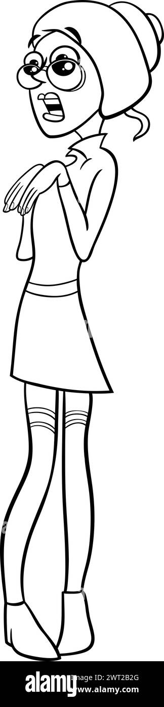 Illustration de dessin animé de la page de coloriage de personnage comique surprise ou effrayée de fille ou de jeune femme Illustration de Vecteur