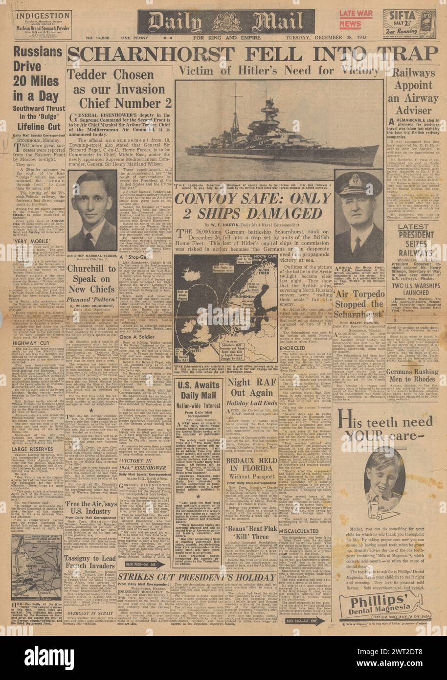 1943 Daily mail page d'accueil signalant le naufrage du Battlecruiser Scharnhorst et le maréchal Arthur Tedder en chef de l'Air Banque D'Images