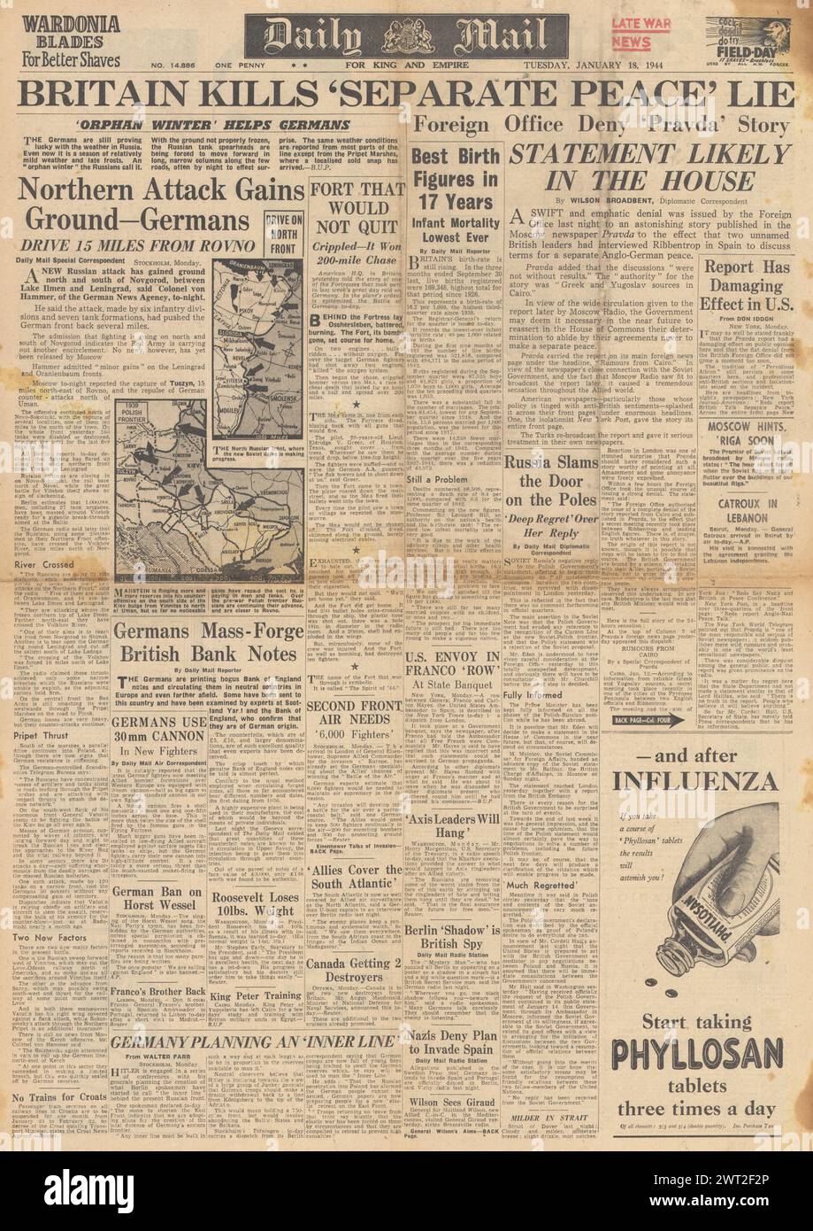 1944 Daily mail page de couverture faisant état de l'avance de l'Armée rouge et de la Grande-Bretagne nie les pourparlers de paix Banque D'Images