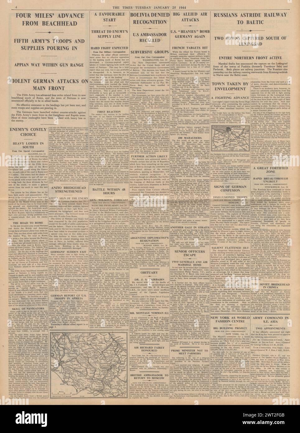 1944 le Times rapporte que les Alliés débarquent à Anzio, bataille pour Leningrad, les Alliés capturent Littoria et les Alliés bombardent des cibles en France et en Allemagne Banque D'Images