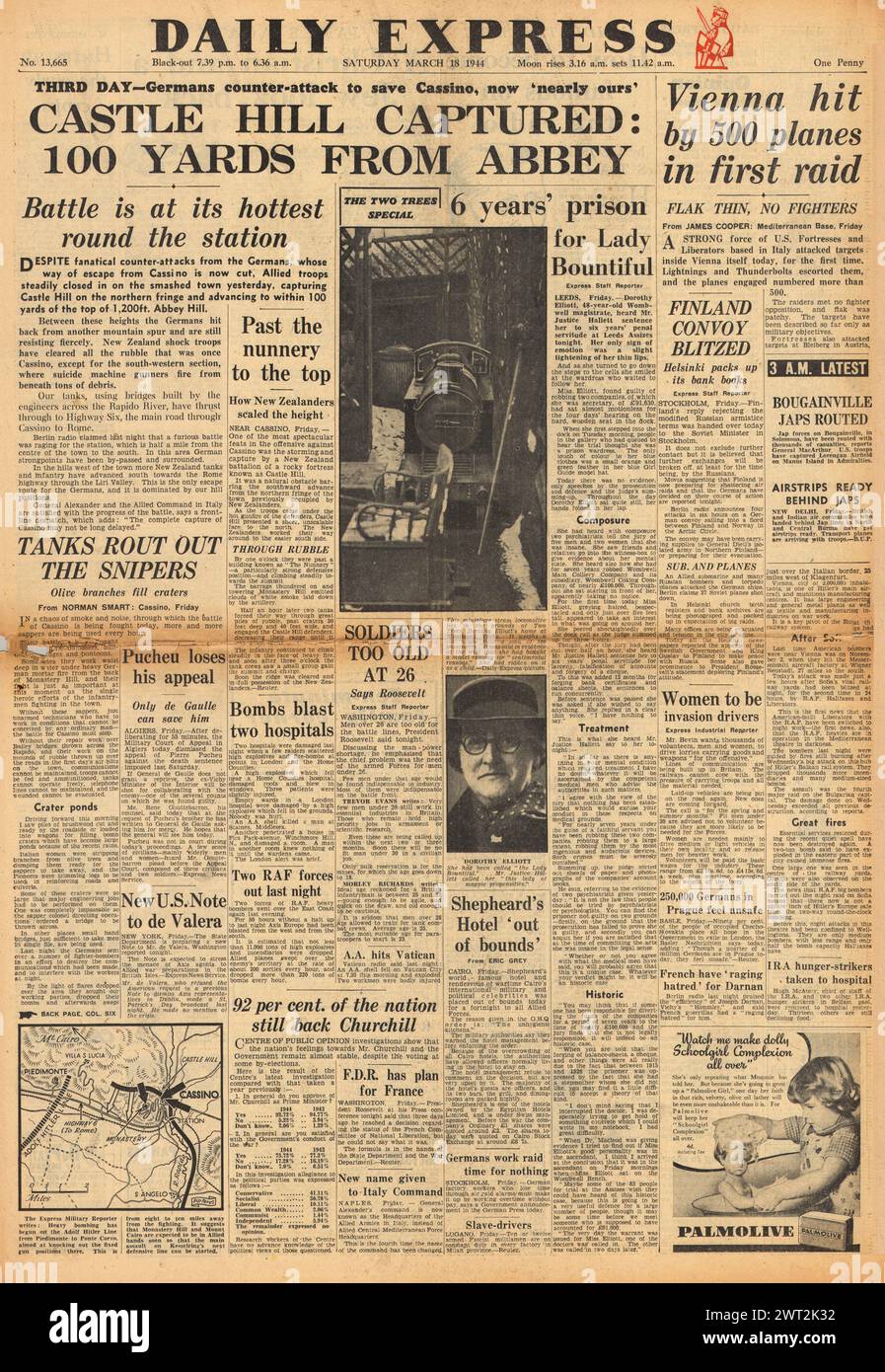 1944 Daily Express page de couverture de la bataille pour Monte Cassino et la bombe de l'US Air Force Vienna Banque D'Images