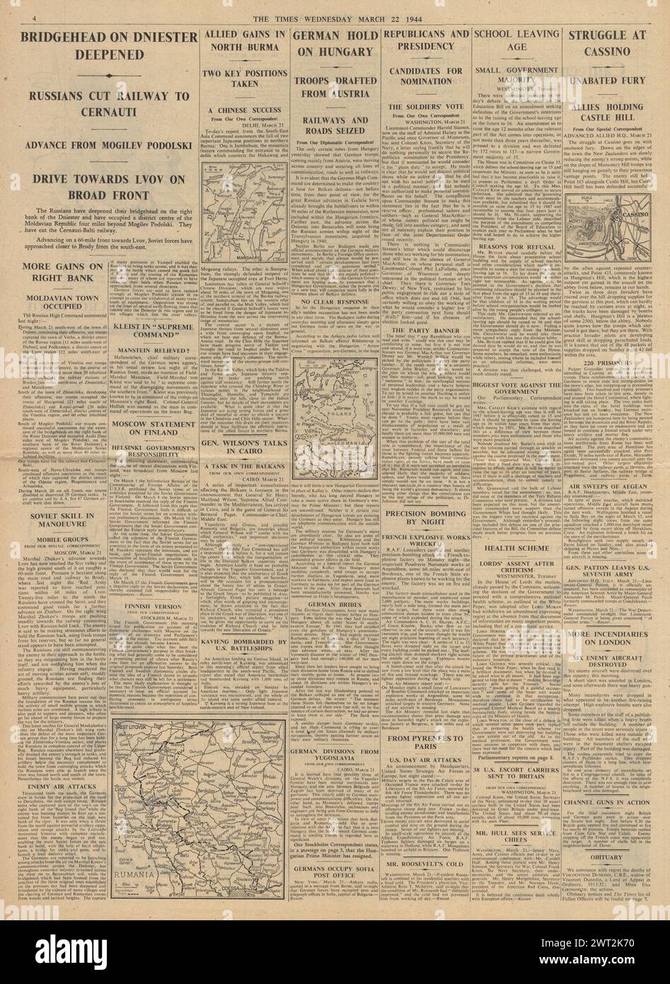 1944 le Times rapporte l'avance de l'Armée rouge sur le Dniestr, la bataille de Monte Cassino et les gains alliés en Birmanie Banque D'Images